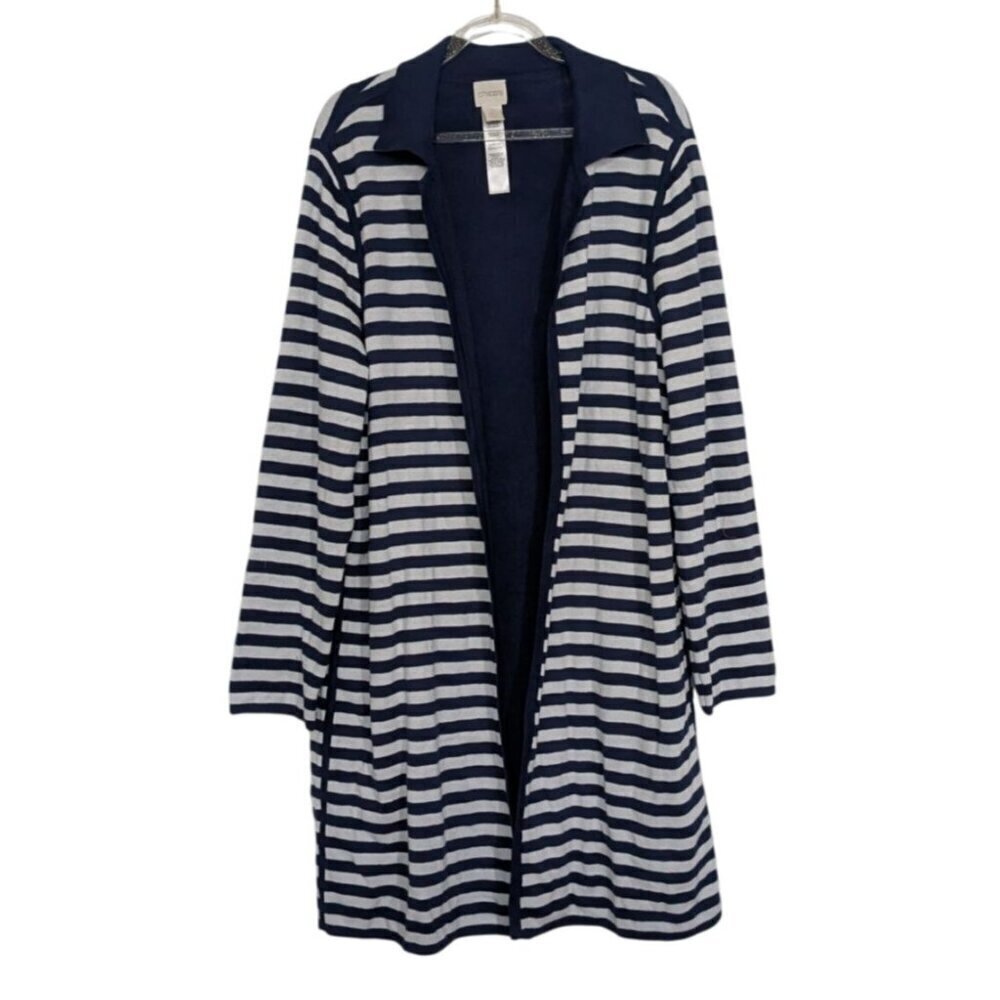 Chicos 3 Stripe Open Cardigan Womens Size XL Blue Nautical Longline Sweater